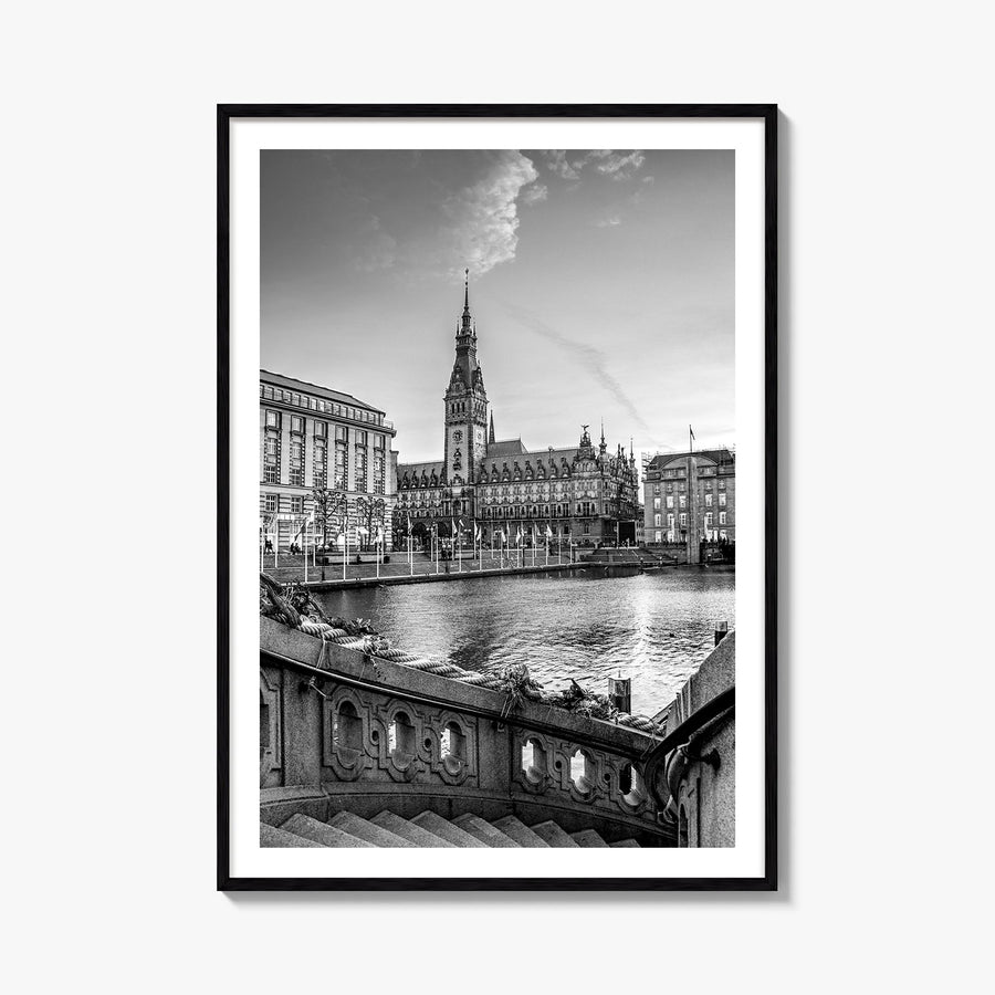 Hamburg black & white photo poster of Germany – vertical wall art, unframed print shown in interior mockup