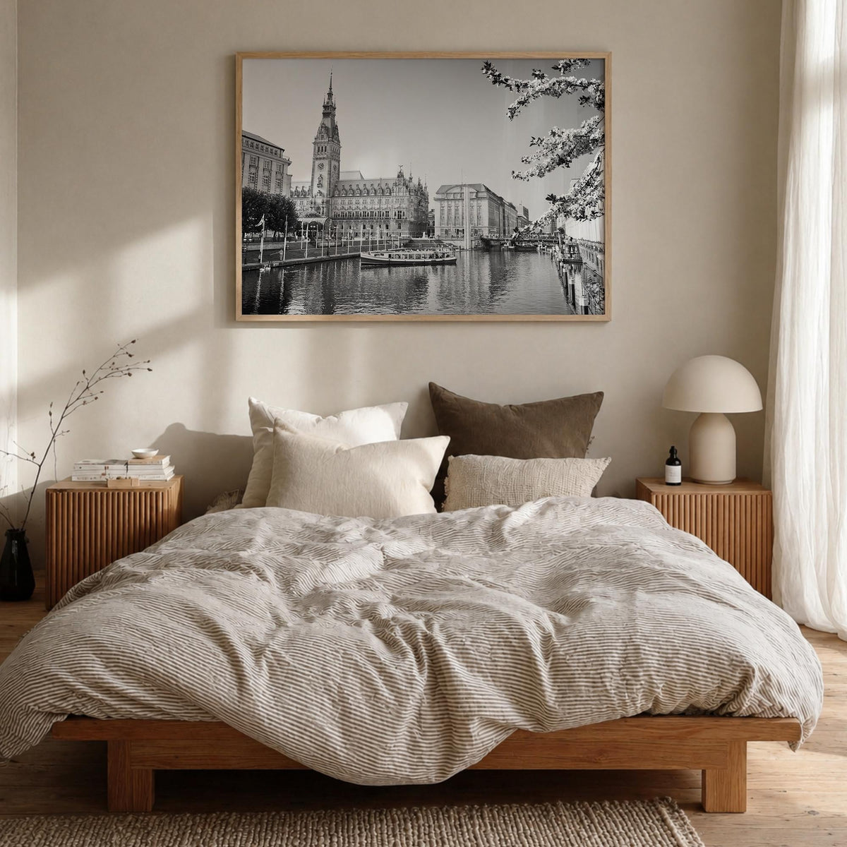 Hamburg black & white photo poster of Germany – horizontal wall art in natural wood frame, hanging on wall
