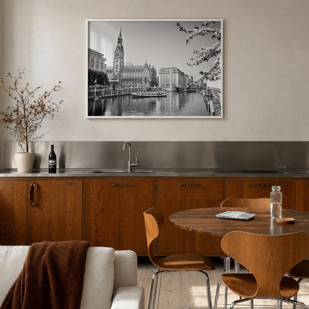 Hamburg black & white photo poster of Germany – horizontal wall art in white wood frame, hanging on wall