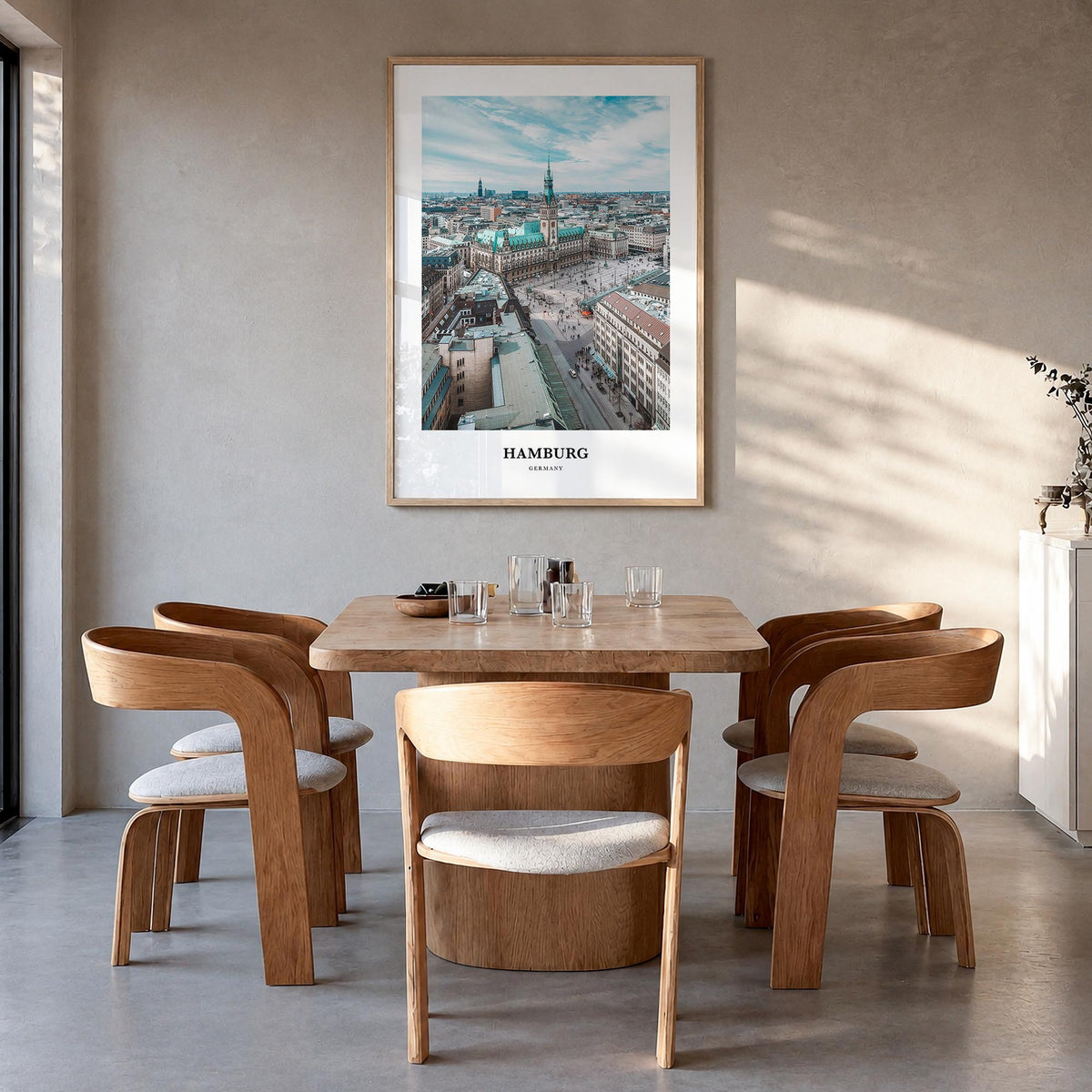 Hamburg colorful classic poster of Germany – vertical wall art in natural wood frame, hanging on wall