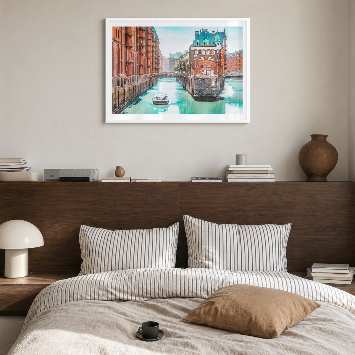 Hamburg Photo Poster in a white wood frame, hanging in a bedroom, white border