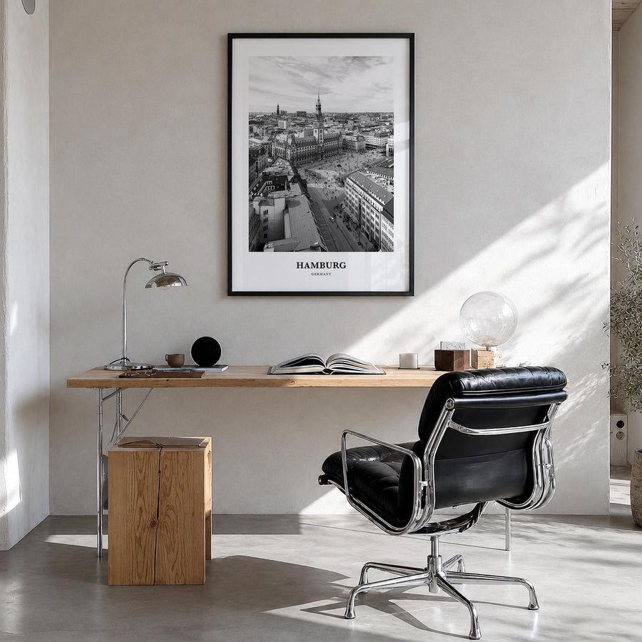 Hamburg no. 1 black & white classic poster of Germany – vertical wall art in black wood frame, hanging on wall