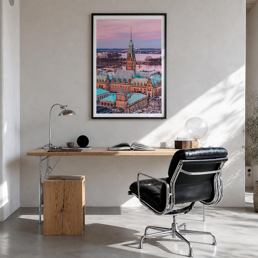 Hamburg no. 1 colorful photo poster of Germany – vertical wall art in black wood frame with white border, hanging on wall