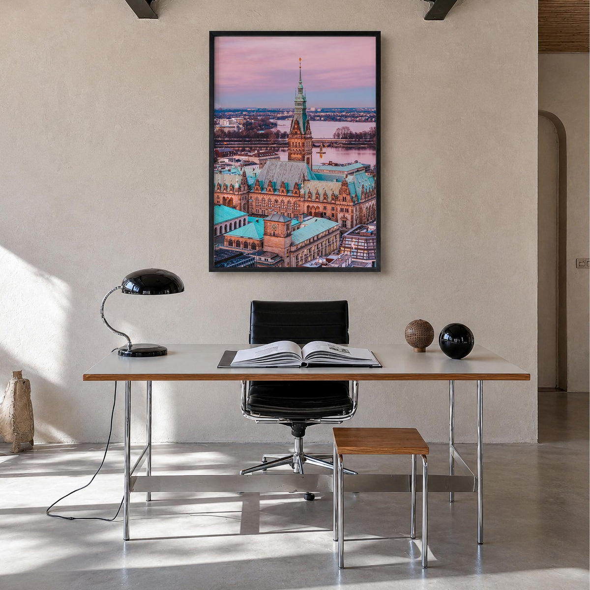 Hamburg no. 1 colorful photo poster of Germany – vertical wall art in black wood frame, hanging on wall