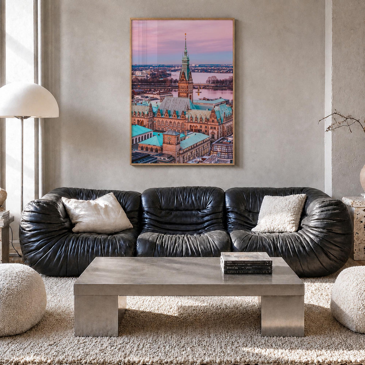 Hamburg no. 1 colorful photo poster of Germany – vertical wall art in natural wood frame, hanging on wall