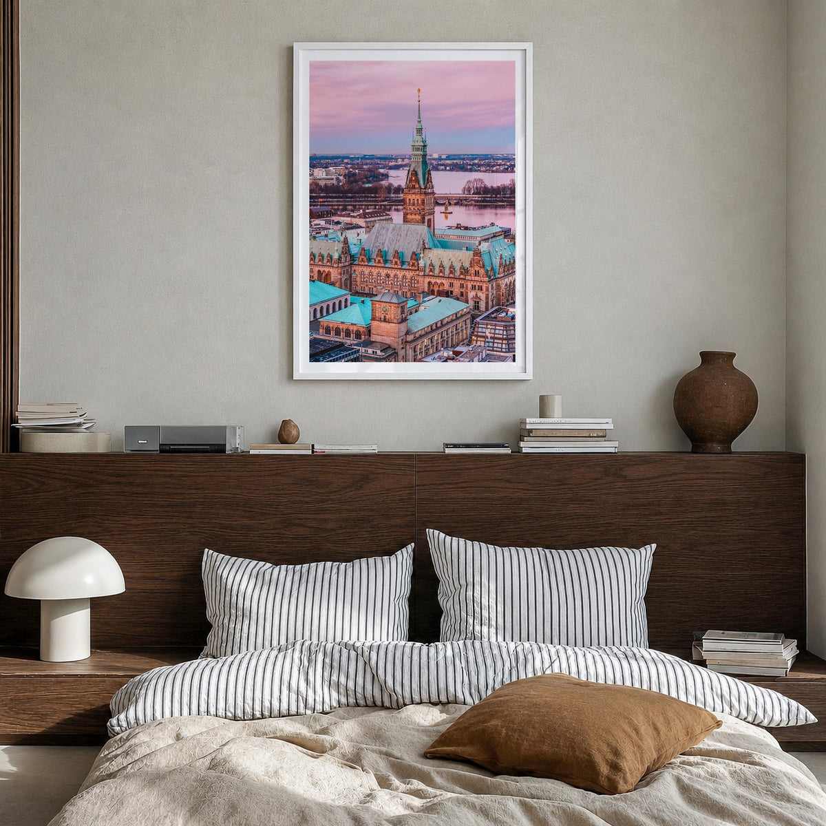 Hamburg no. 1 colorful photo poster of Germany – vertical wall art in white wood frame with white border, hanging on wall