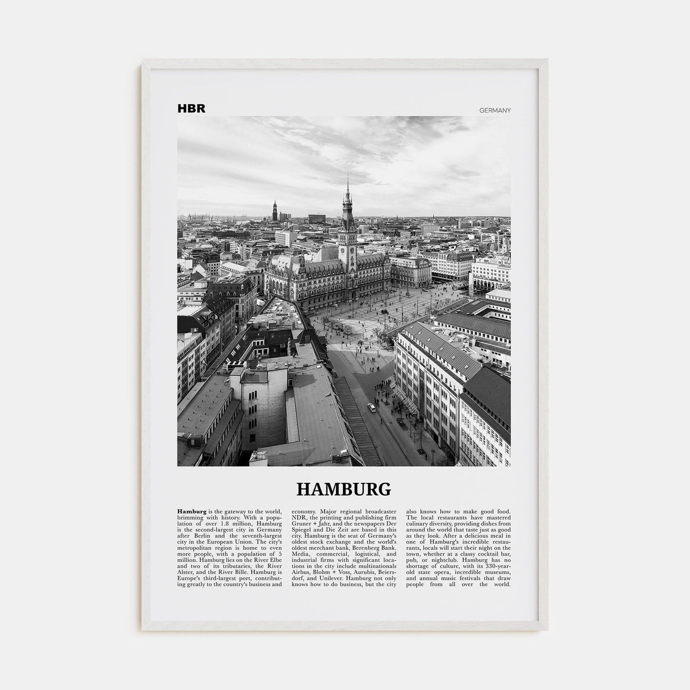 Hamburg No 1 Poster White Wood / 8x12 in Nbourhood Travel B&W Poster