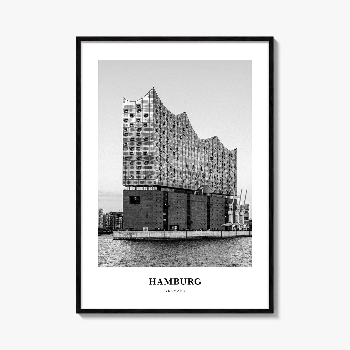 Hamburg no. 2 black & white classic poster of Germany – vertical wall art, unframed print shown in interior mockup