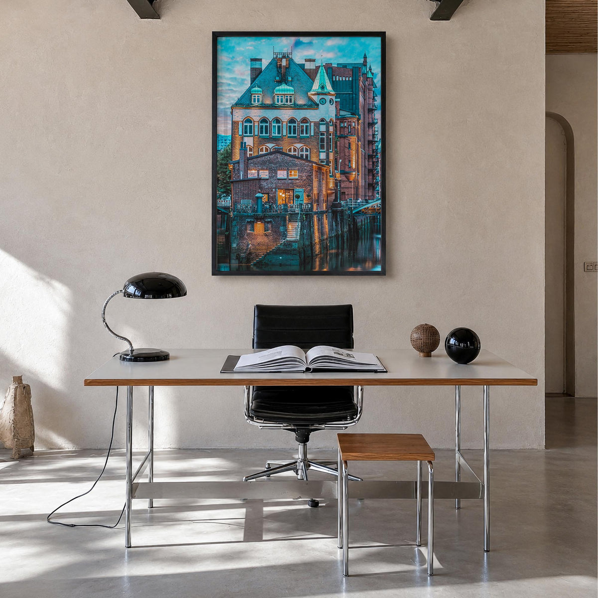 Hamburg no. 2 colorful photo poster of Germany – vertical wall art in black wood frame, hanging on wall