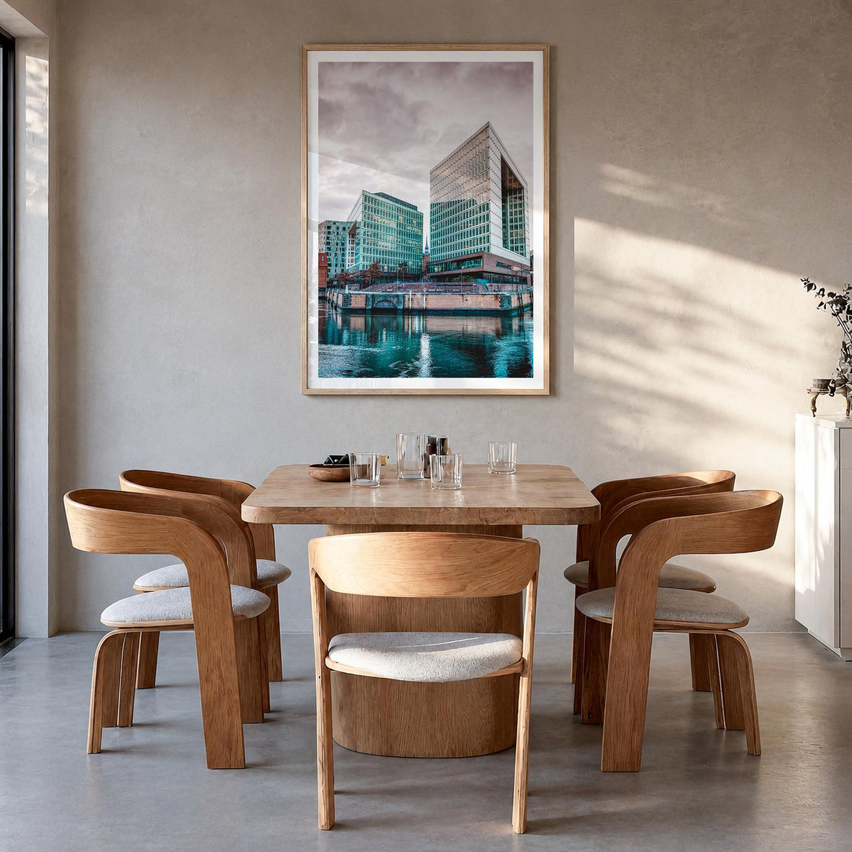 Hamburg no. 3 colorful photo poster of Germany – vertical wall art in natural wood frame with white border, hanging on wall
