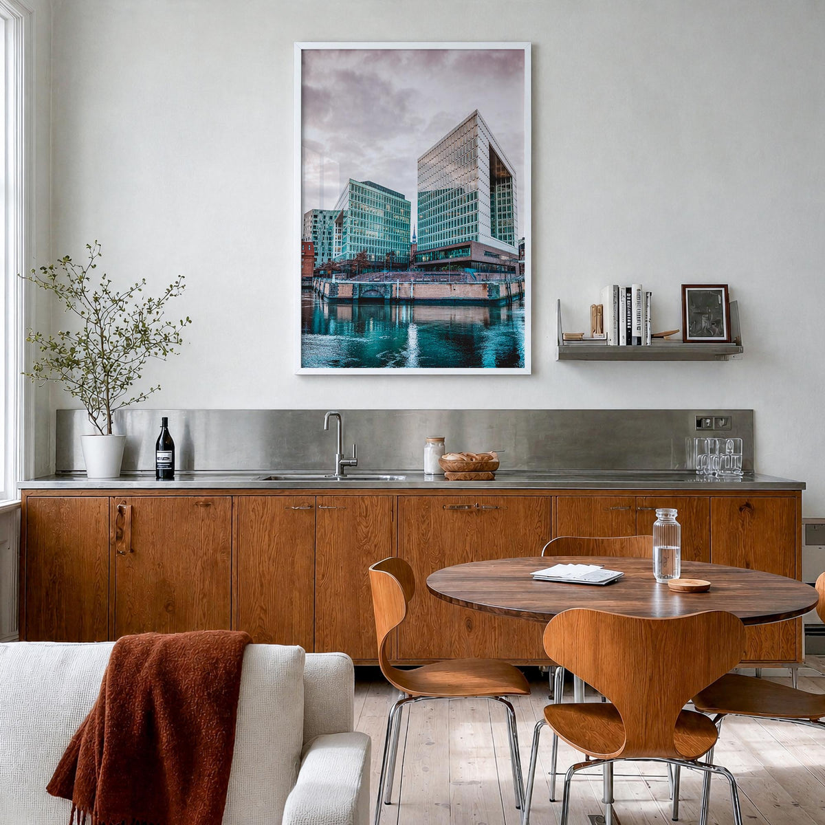 Hamburg no. 3 colorful photo poster of Germany – vertical wall art in white wood frame, hanging on wall