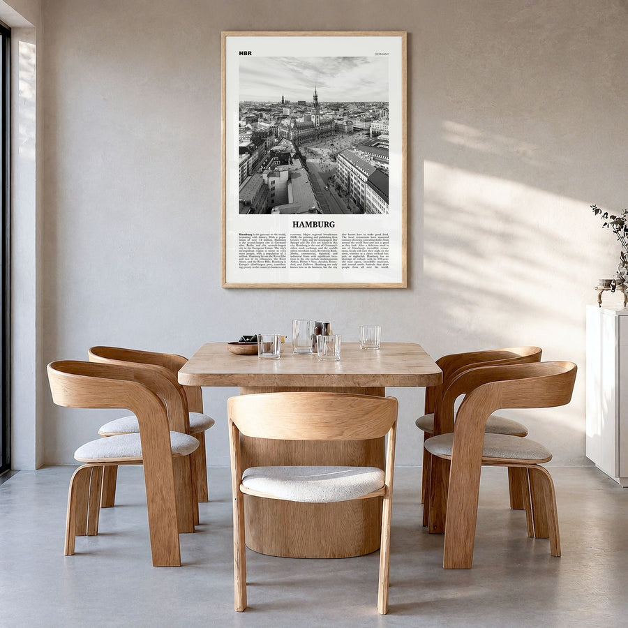 Hamburg Newspaper No 1 Poster in a natural wood frame, hanging in a dining room