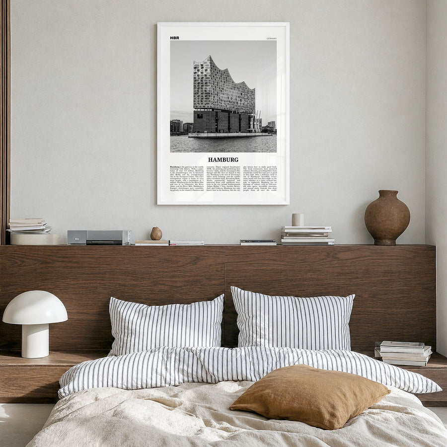 Hamburg Newspaper No 2 Poster in a white wood frame, hanging in a bedroom
