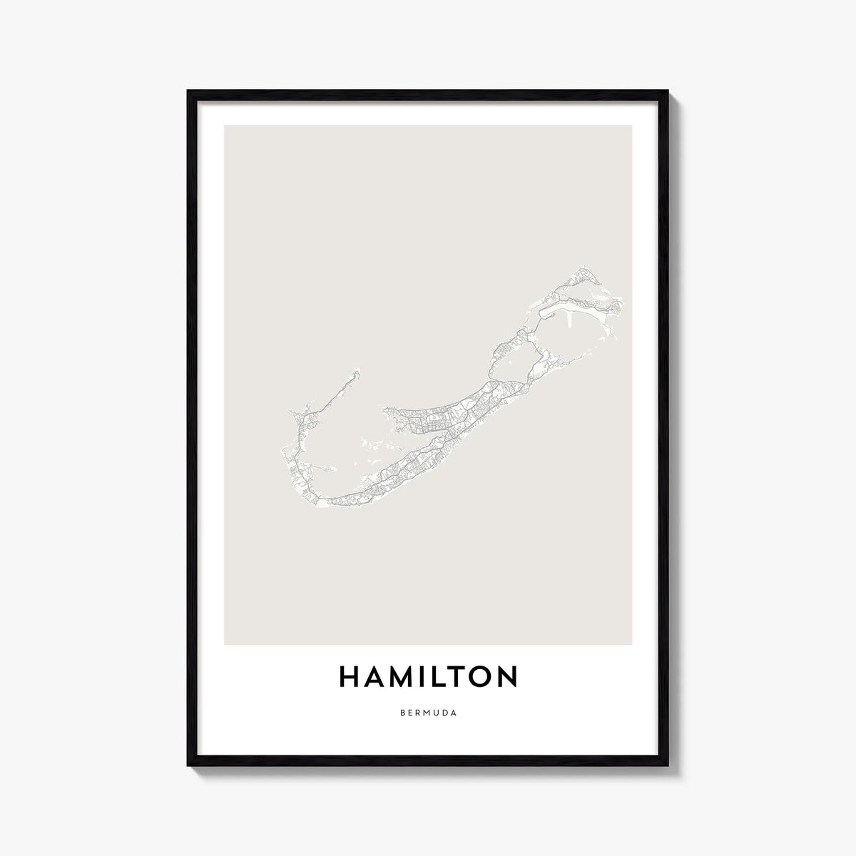 Hamilton, Bermuda black & white map poster of Bermuda – vertical wall art, unframed print shown in interior mockup