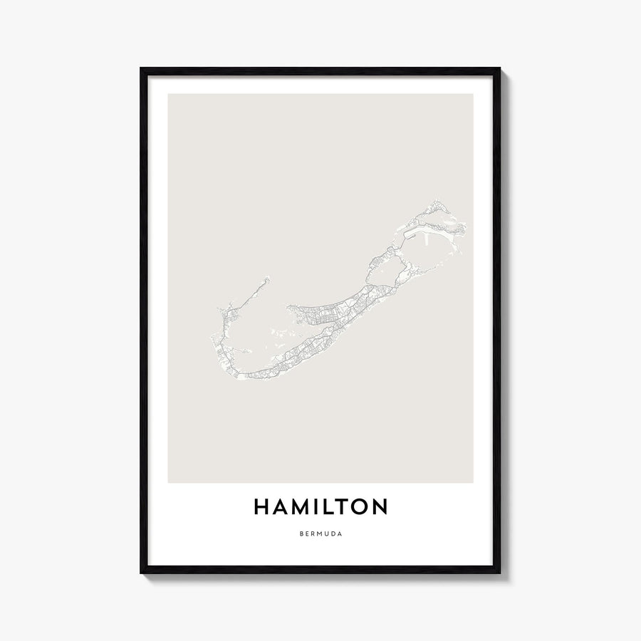 Hamilton, Bermuda black & white map poster of Bermuda – vertical wall art, unframed print shown in interior mockup