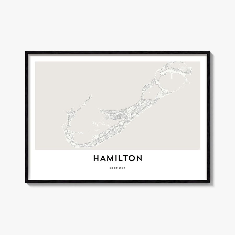 Hamilton, Bermuda black & white map poster of Bermuda – horizontal wall art, unframed print shown in interior mockup