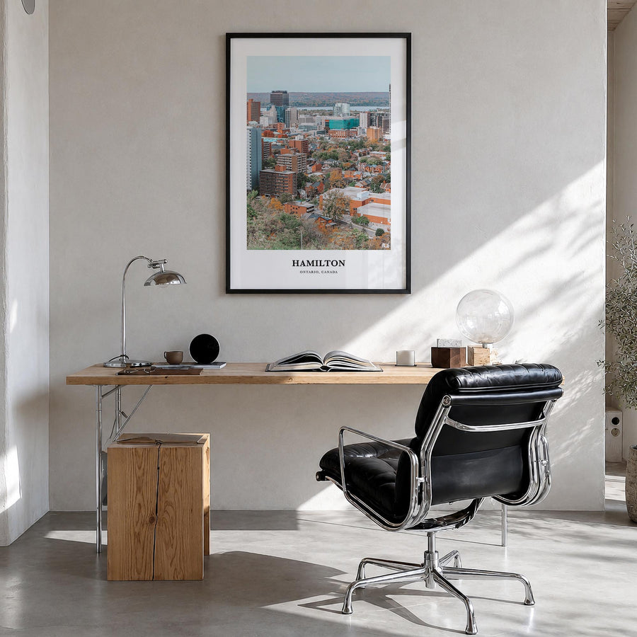 Hamilton, Canada colorful classic poster of Canada – vertical wall art in black wood frame, hanging on wall