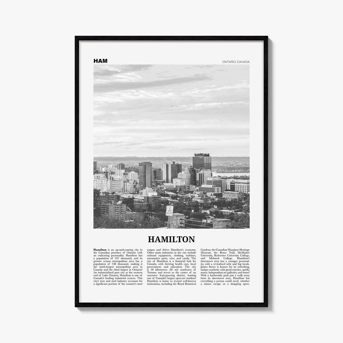 Hamilton, Canada no. 1 black & white newspaper poster of Canada – vertical wall art, unframed print shown in interior mockup