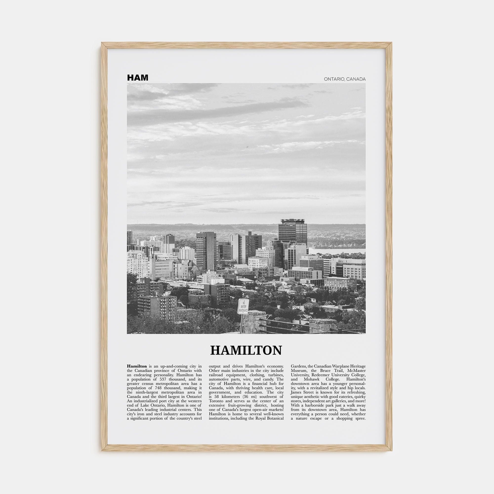 Hamilton, Canada No 1 Poster Natural Wood / 8x12 in Nbourhood Travel B&W Poster