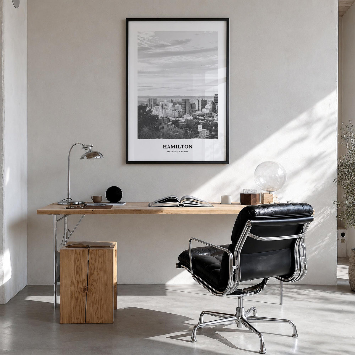 Hamilton, Canada no. 2 black & white classic poster of Canada – vertical wall art in black wood frame, hanging on wall