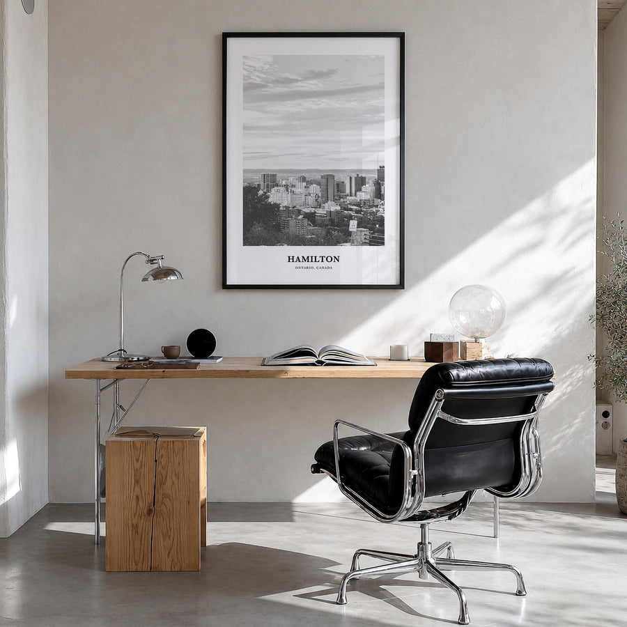 Hamilton, Canada no. 2 black & white classic poster of Canada – vertical wall art in black wood frame, hanging on wall