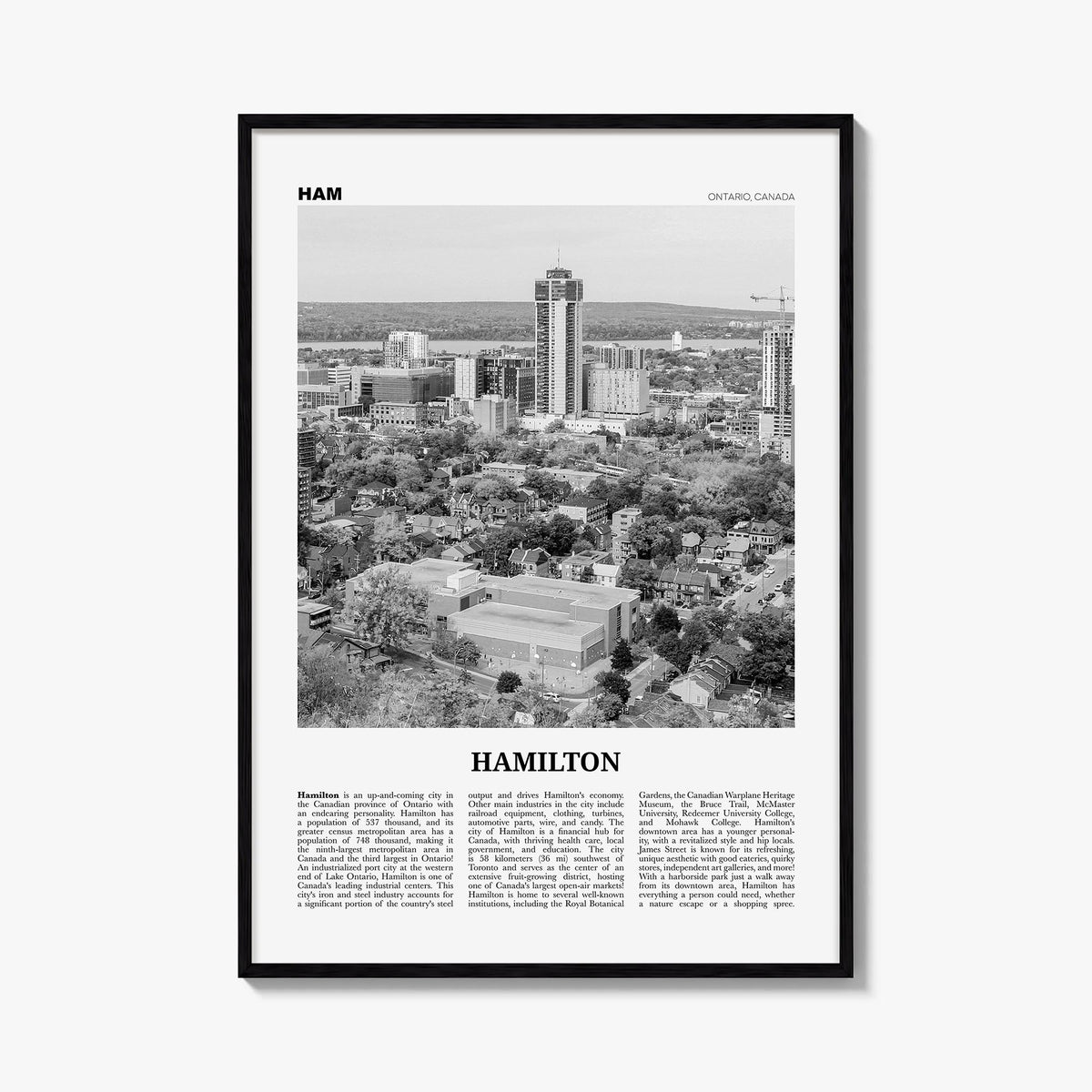 Hamilton, Canada no. 2 black & white newspaper poster of Canada – vertical wall art, unframed print shown in interior mockup