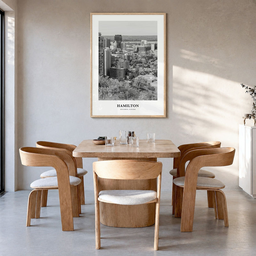 Hamilton, Canada Classic No 1 Poster in a natural wood frame, hanging in a dining room