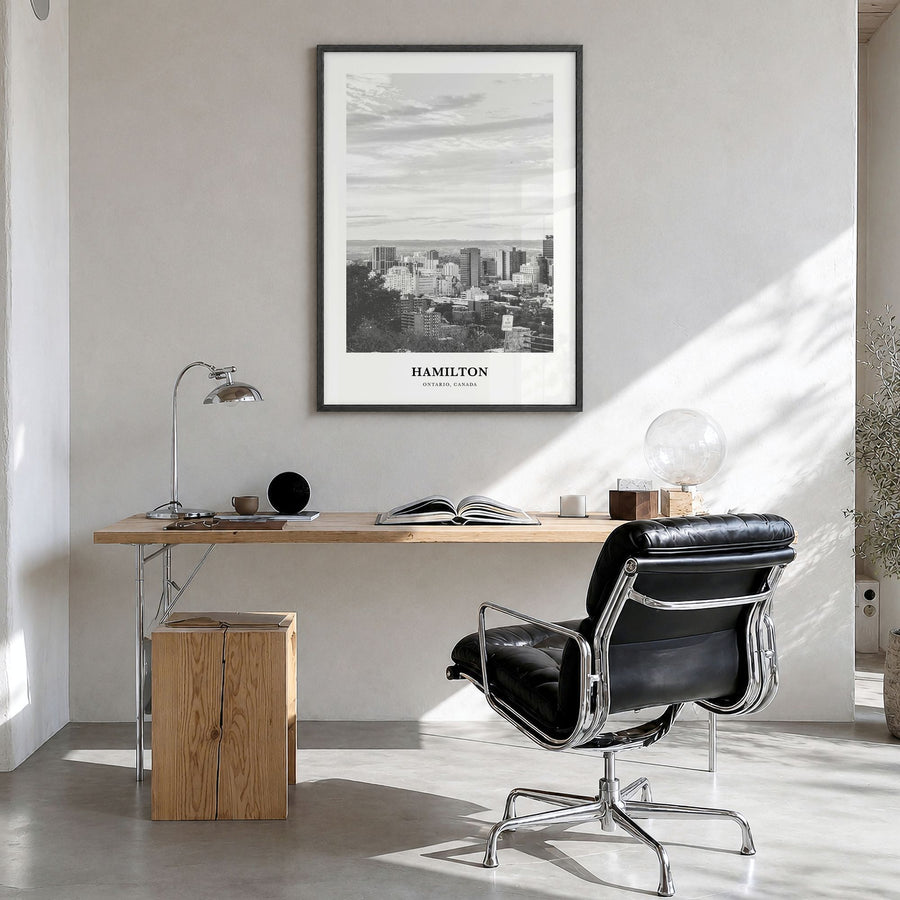 Hamilton, Canada Classic No 2 Poster in a black wood frame, hanging in a bright home office