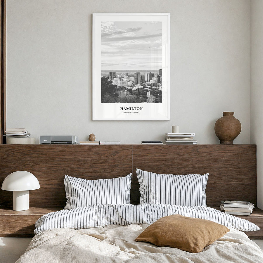 Hamilton, Canada Classic No 2 Poster in a white wood frame, hanging in a bedroom
