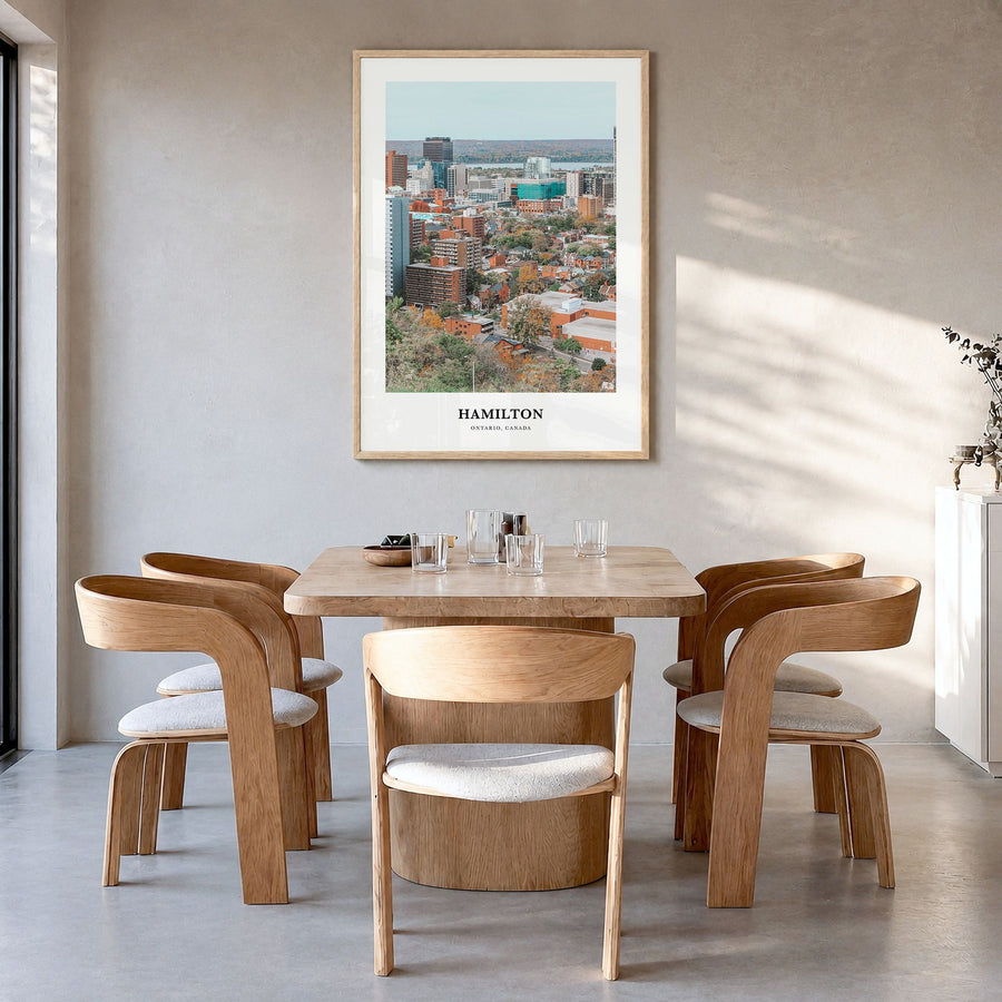 Hamilton, Canada Classic Poster in a natural wood frame, hanging in a dining room