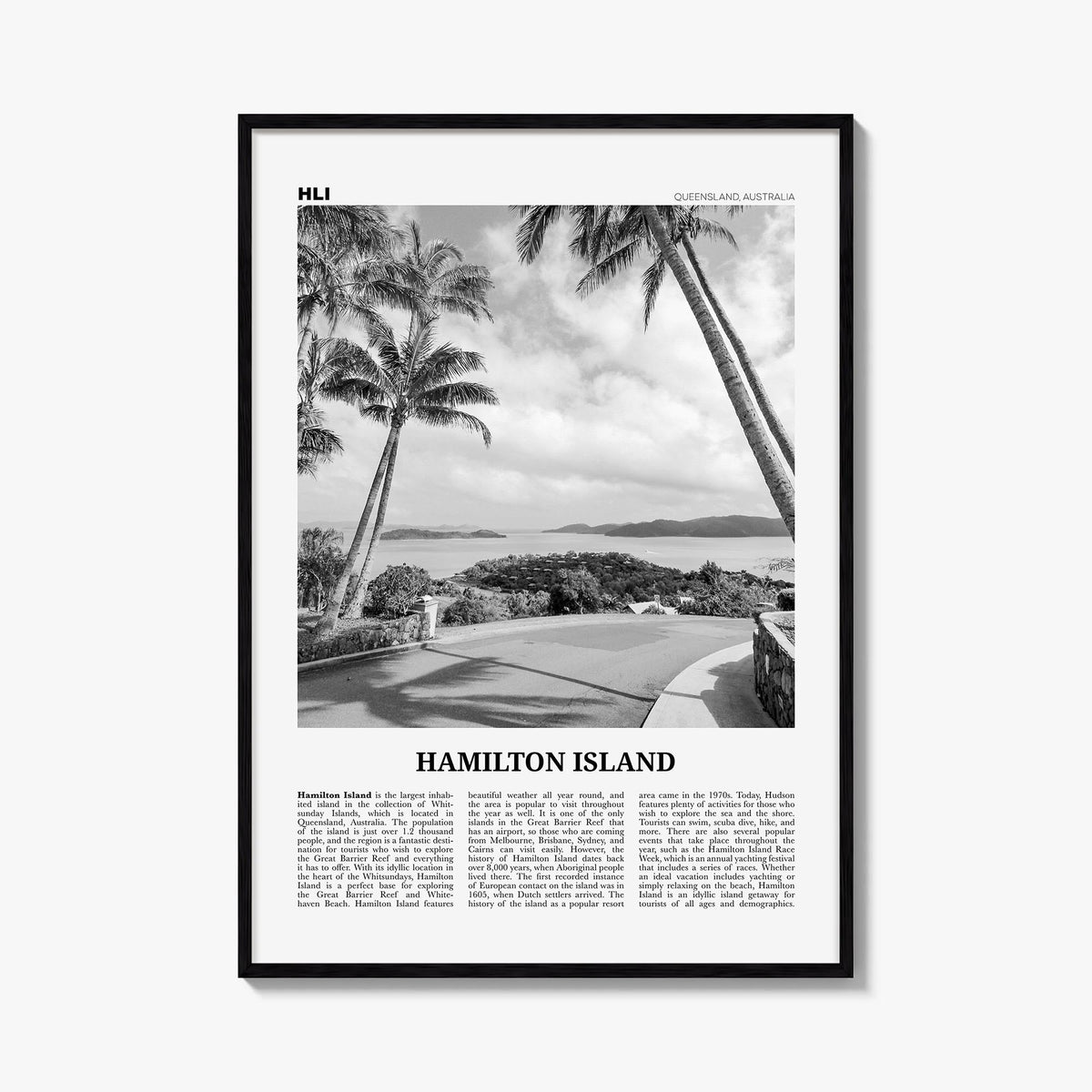 Hamilton Island black & white newspaper poster of Australia – vertical wall art, unframed print shown in interior mockup