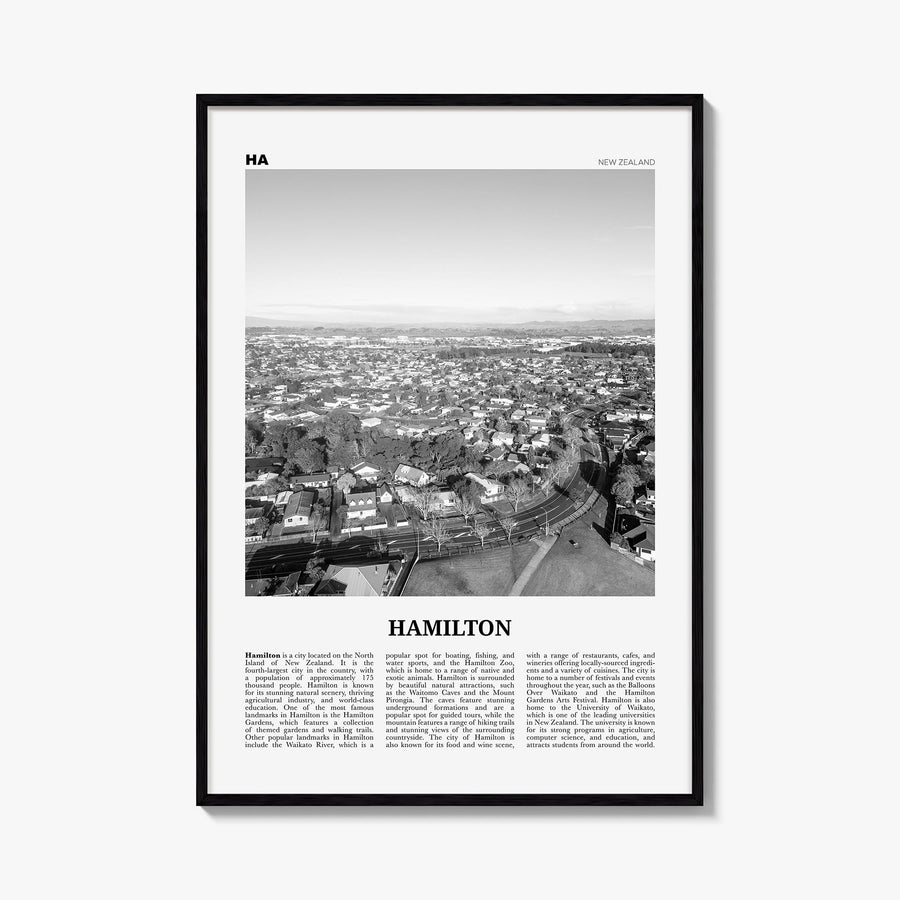 Hamilton, New Zealand black & white newspaper poster of New Zealand – vertical wall art, unframed print shown in interior moc