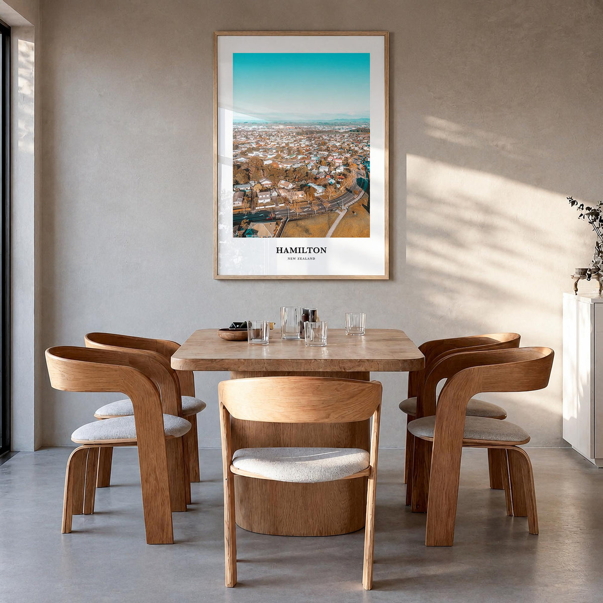 Hamilton, New Zealand colorful classic poster of New Zealand – vertical wall art in natural wood frame, hanging on wall