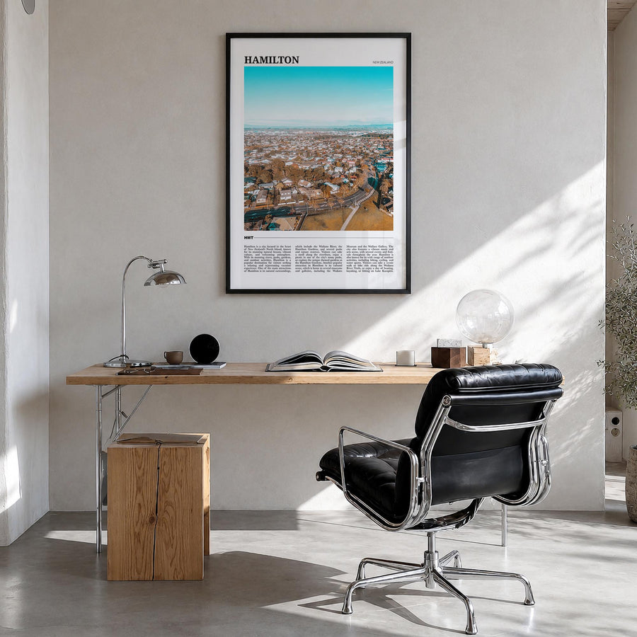 Hamilton, New Zealand colorful travel poster of New Zealand – vertical wall art in black wood frame, hanging on wall