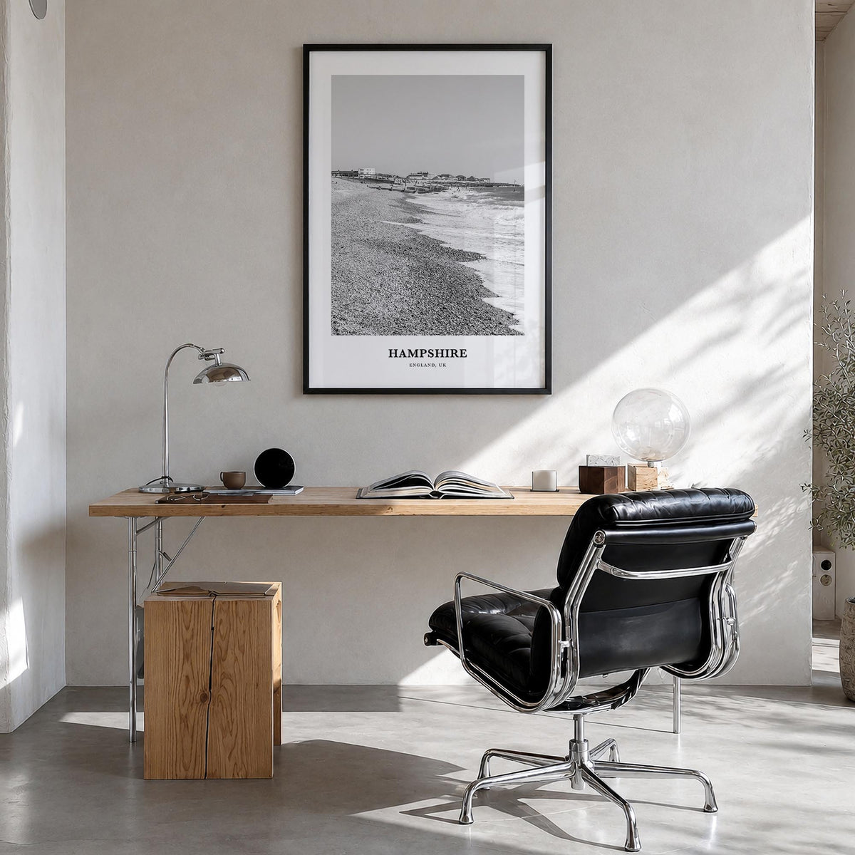 Hampshire black & white classic poster of United Kingdom – vertical wall art in black wood frame, hanging on wall