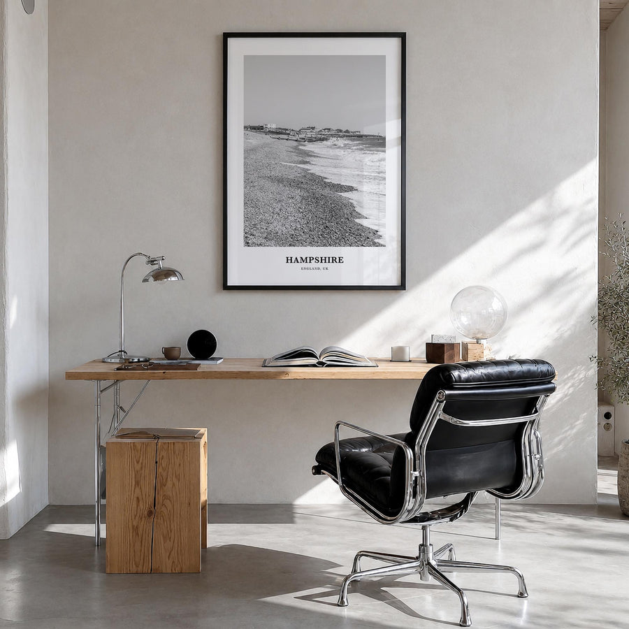 Hampshire black & white classic poster of United Kingdom – vertical wall art in black wood frame, hanging on wall