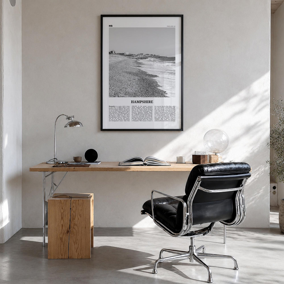 Hampshire black & white newspaper poster of United Kingdom – vertical wall art in black wood frame, hanging on wall