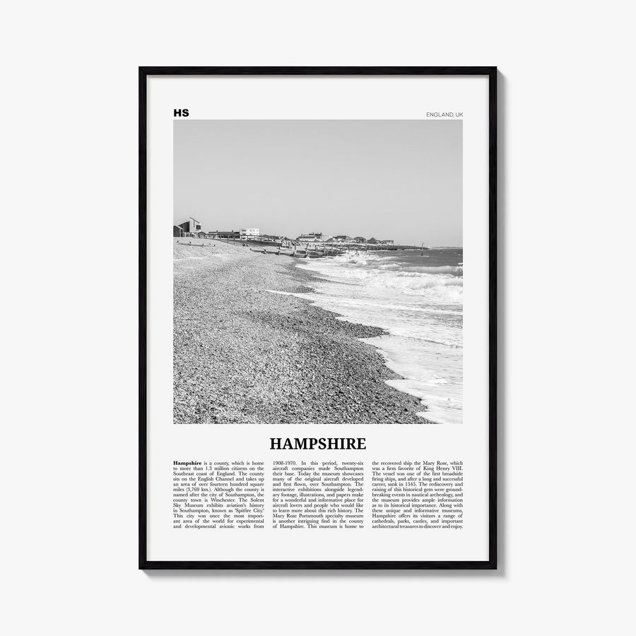 Hampshire black & white newspaper poster of United Kingdom – vertical wall art, unframed print shown in interior mockup