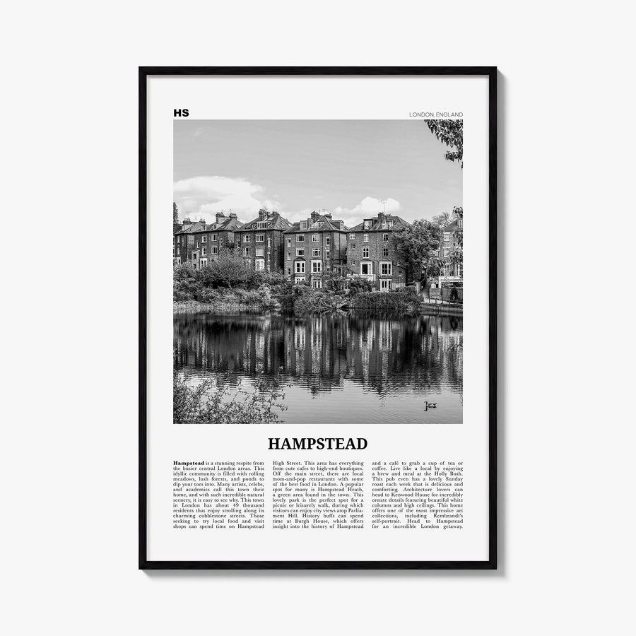 Hampstead black & white newspaper poster of London, England – vertical wall art, unframed print shown in interior mockup
