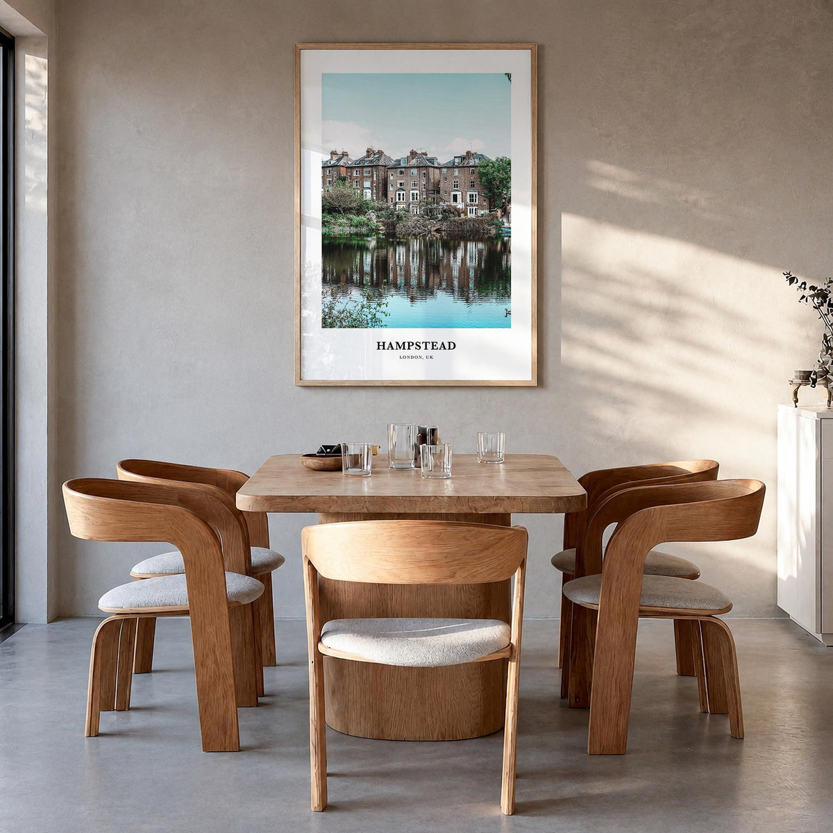 Hampstead colorful classic poster of London, England – vertical wall art in natural wood frame, hanging on wall