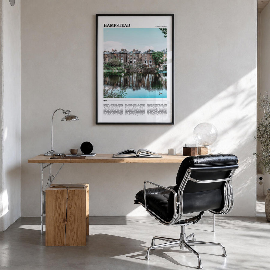 Hampstead colorful travel poster of London, England – vertical wall art in black wood frame, hanging on wall