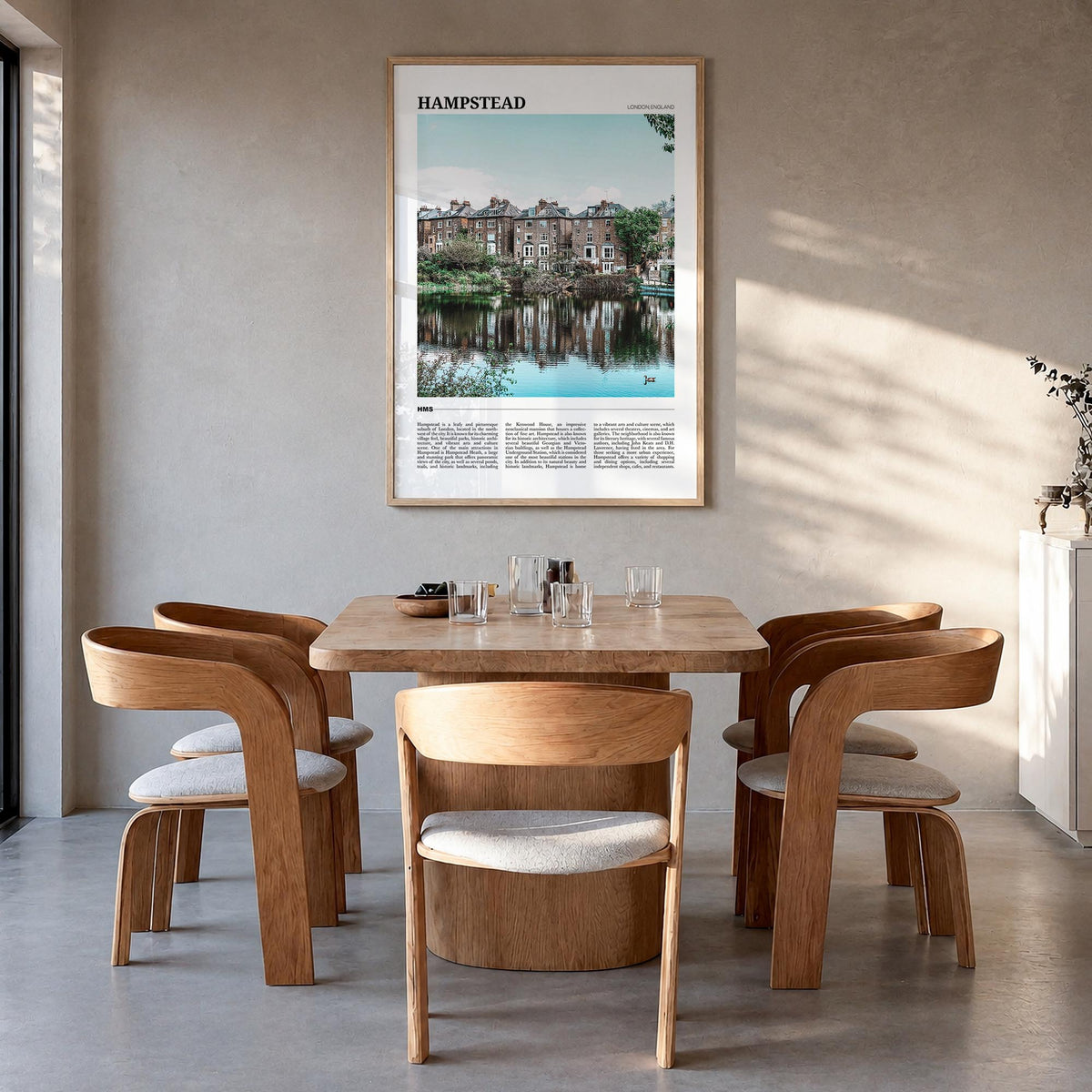 Hampstead colorful travel poster of London, England – vertical wall art in natural wood frame, hanging on wall