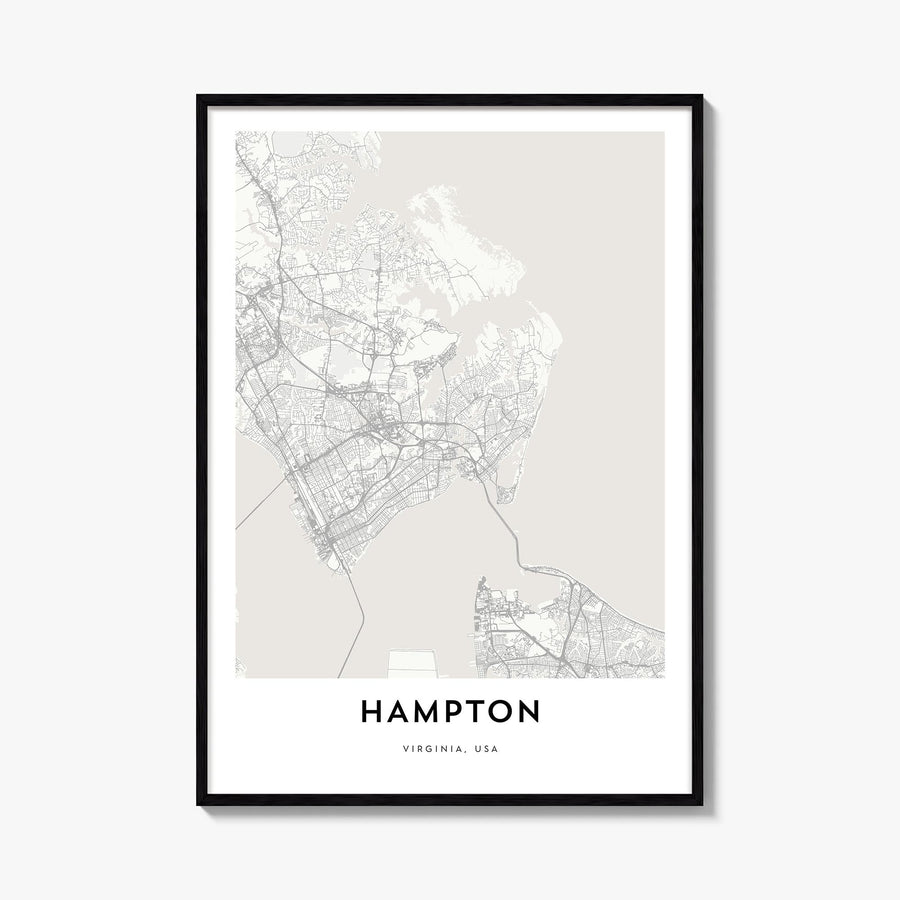 Hampton black & white map poster of Virginia, USA – vertical wall art, unframed print shown in interior mockup