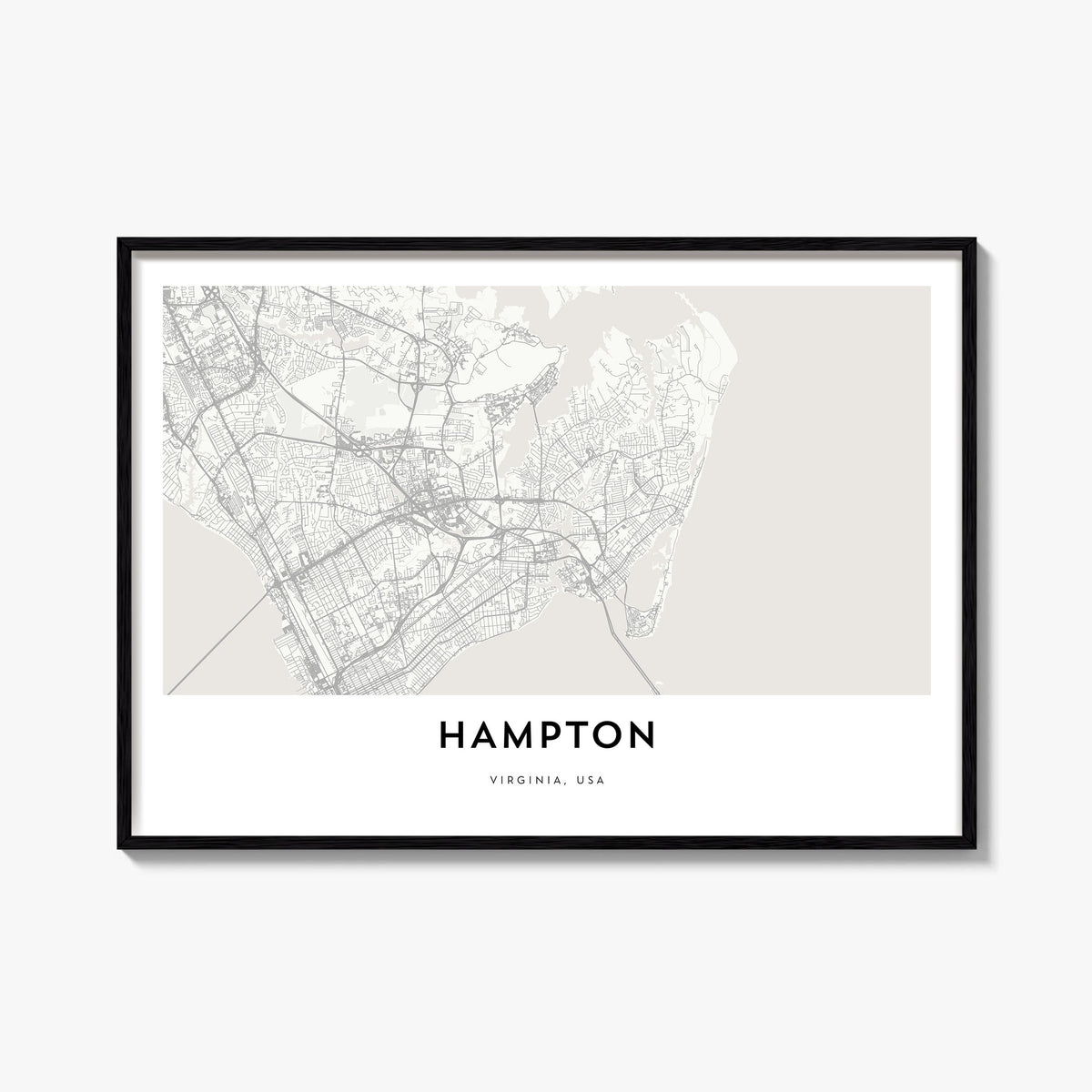 Hampton black & white map poster of Virginia, USA – horizontal wall art, unframed print shown in interior mockup