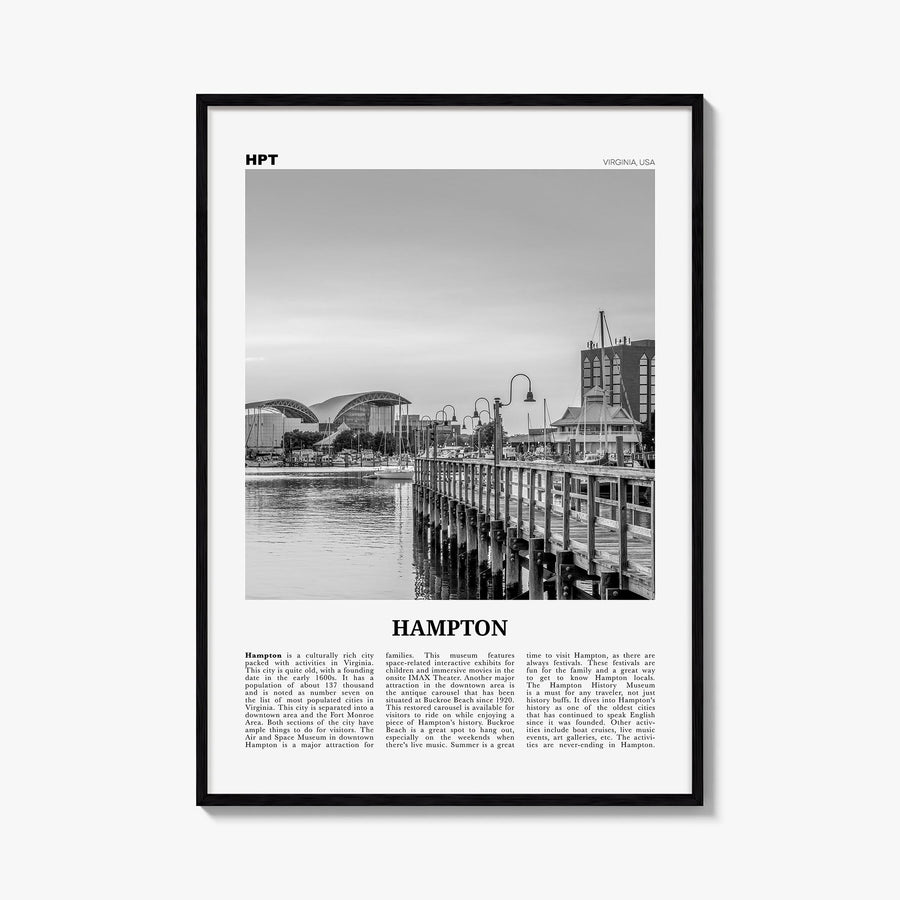 Hampton black & white newspaper poster of Virginia, USA – vertical wall art, unframed print shown in interior mockup