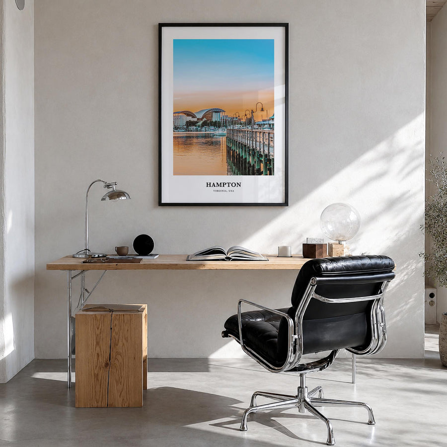 Hampton colorful classic poster of Virginia, USA – vertical wall art in black wood frame, hanging on wall