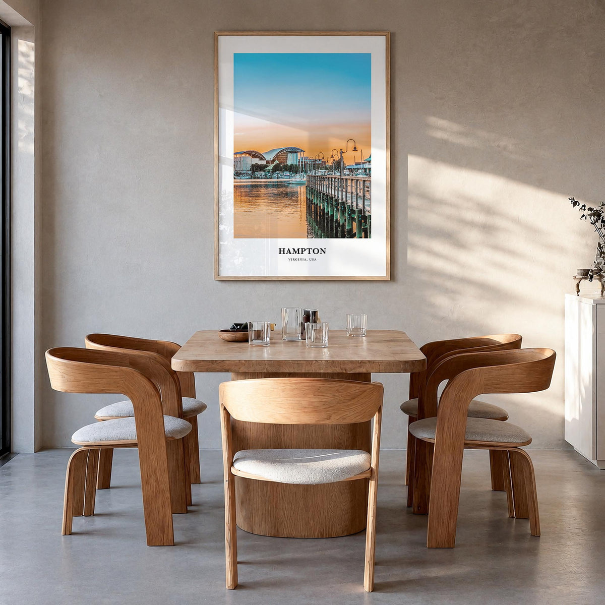 Hampton colorful classic poster of Virginia, USA – vertical wall art in natural wood frame, hanging on wall