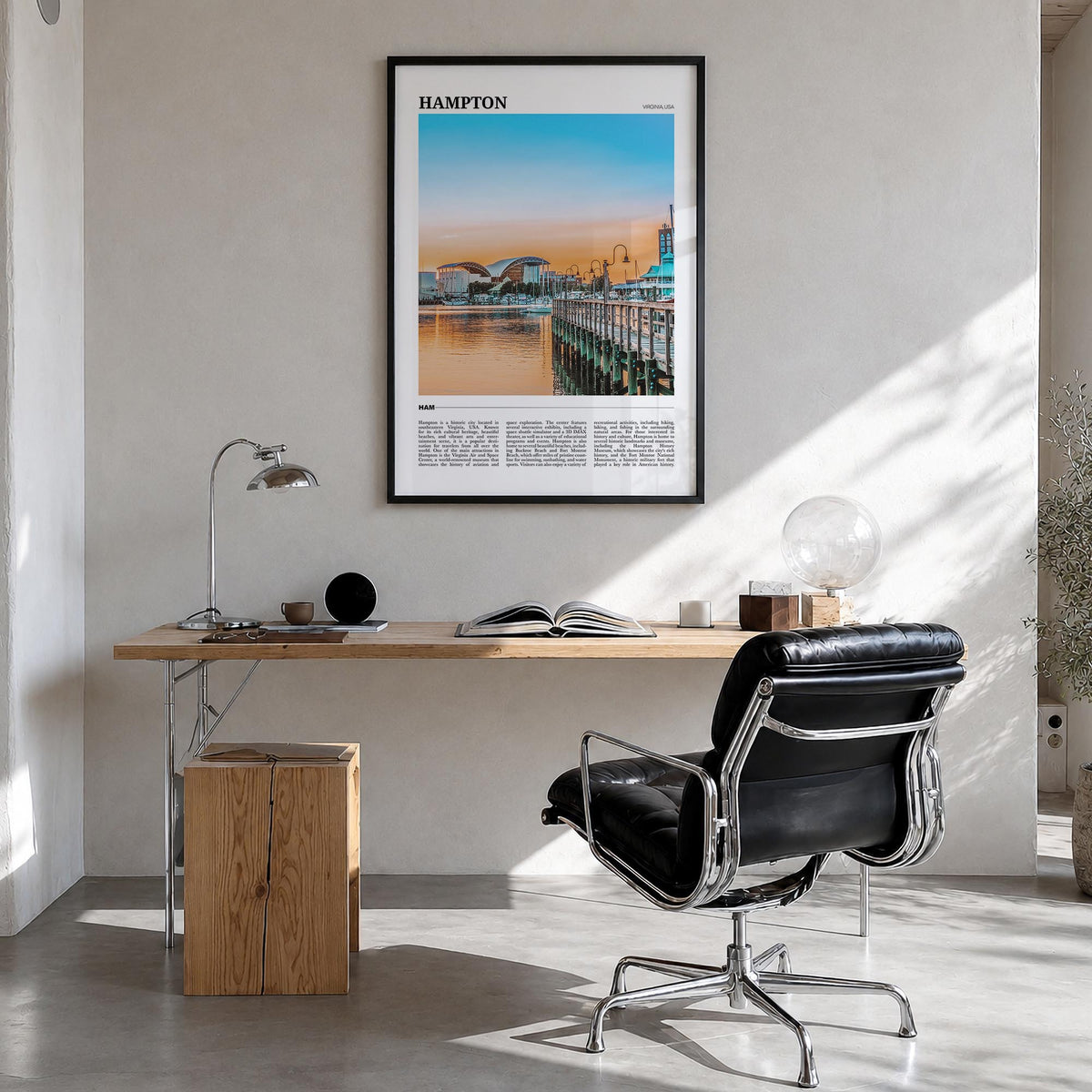 Hampton colorful travel poster of Virginia, USA – vertical wall art in black wood frame, hanging on wall