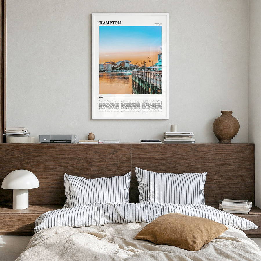 Hampton Travel Poster in a white wood frame, hanging in a bedroom