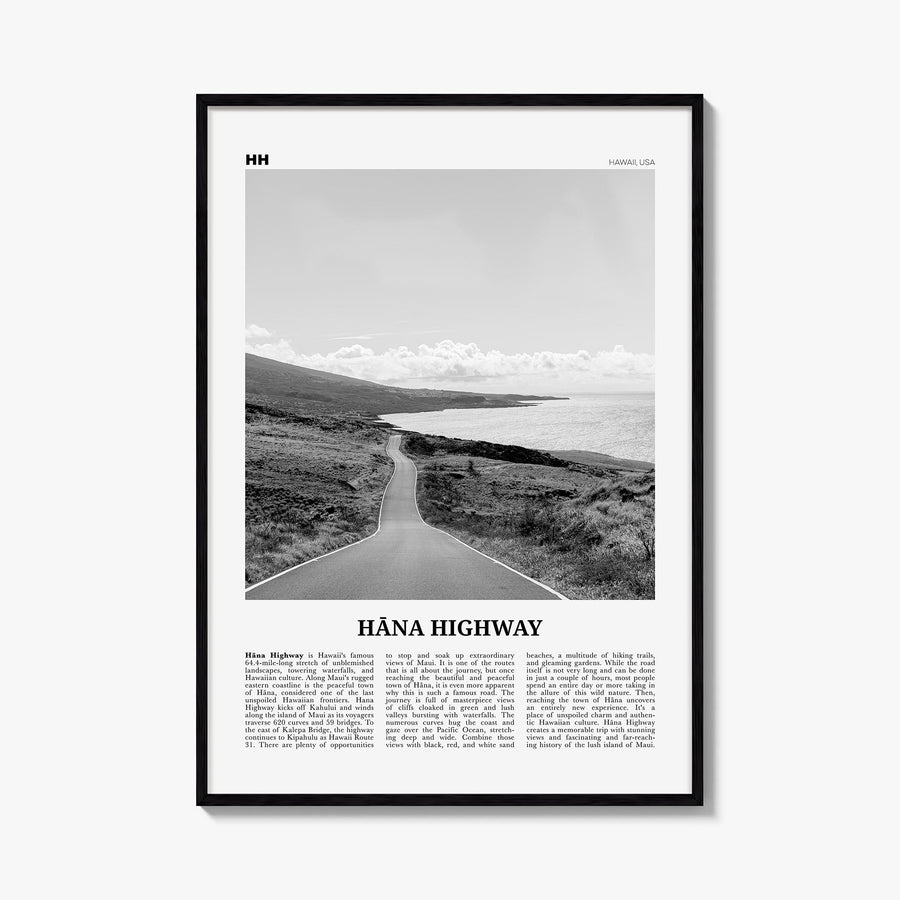Hana Highway black & white newspaper poster of Hawaii, USA – vertical wall art, unframed print shown in interior mockup